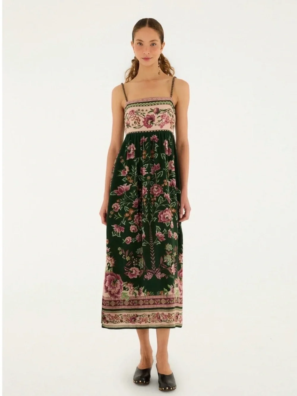 FARM Rio Green Floral Midi Dress Size L - Picture 1 of 6